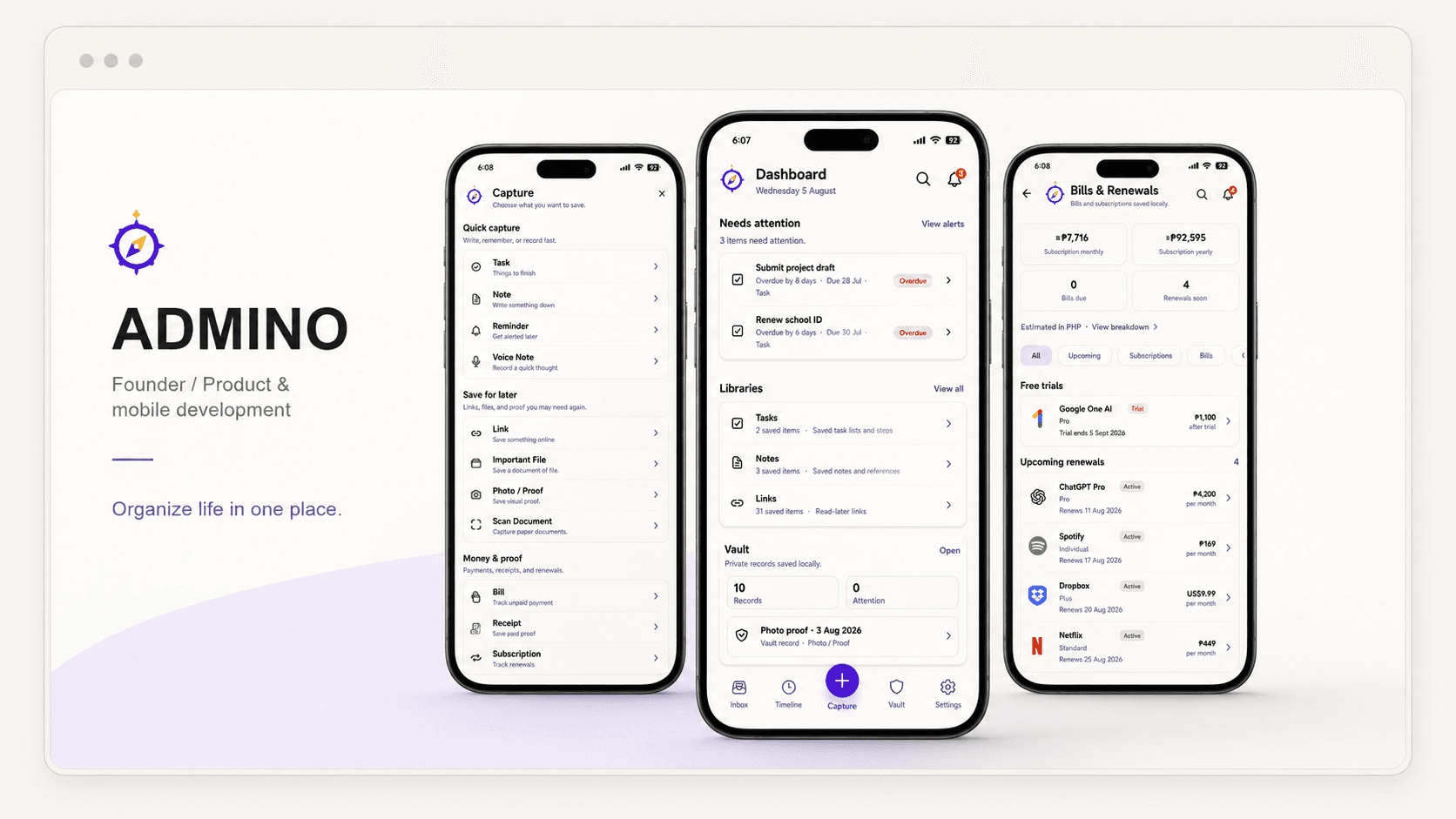 Admino mobile app project preview showing Capture, Dashboard, and Bills & Renewals screens