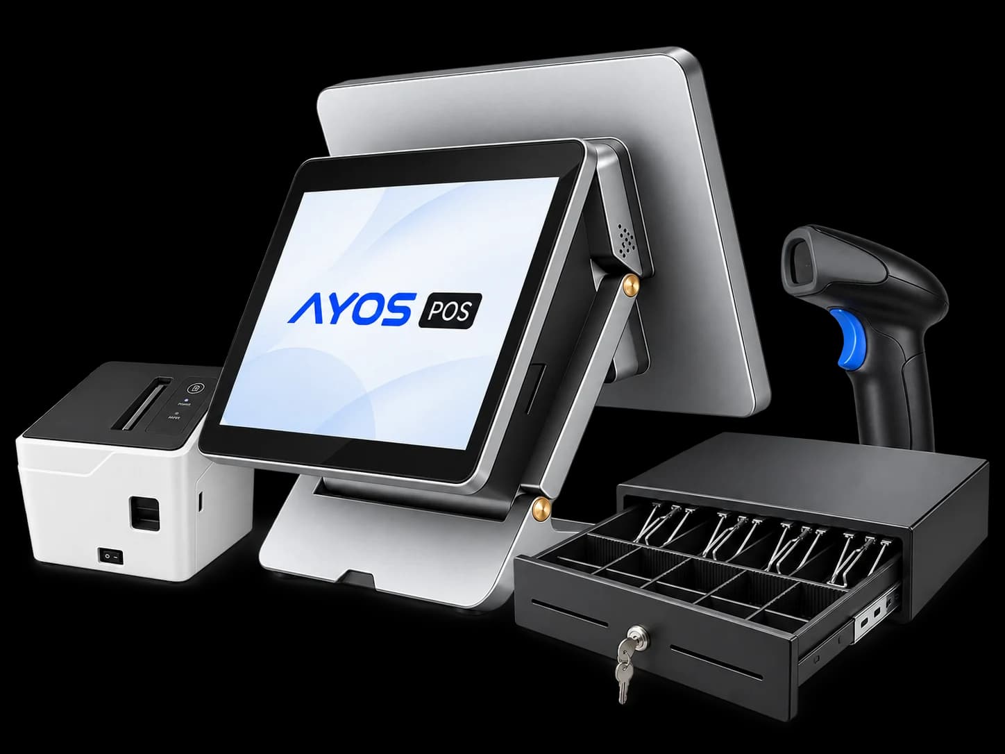 AYOS POS hardware study featuring a dual-screen terminal, receipt printer, barcode scanner, and cash drawer
