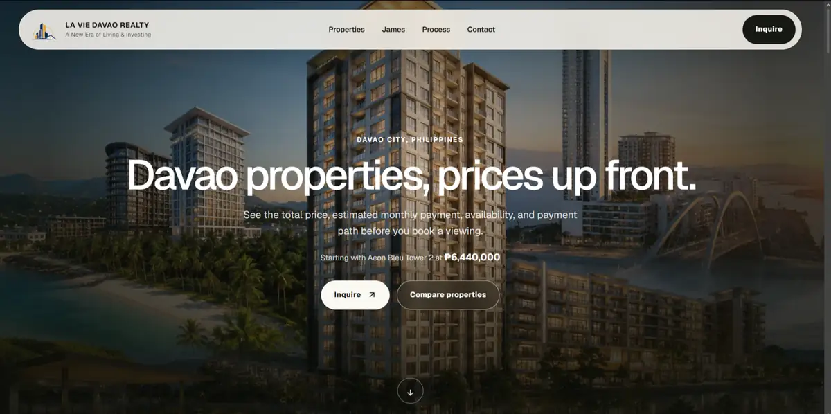 LA VIE DAVAO REALTY property website showing Davao property pricing and inquiry options