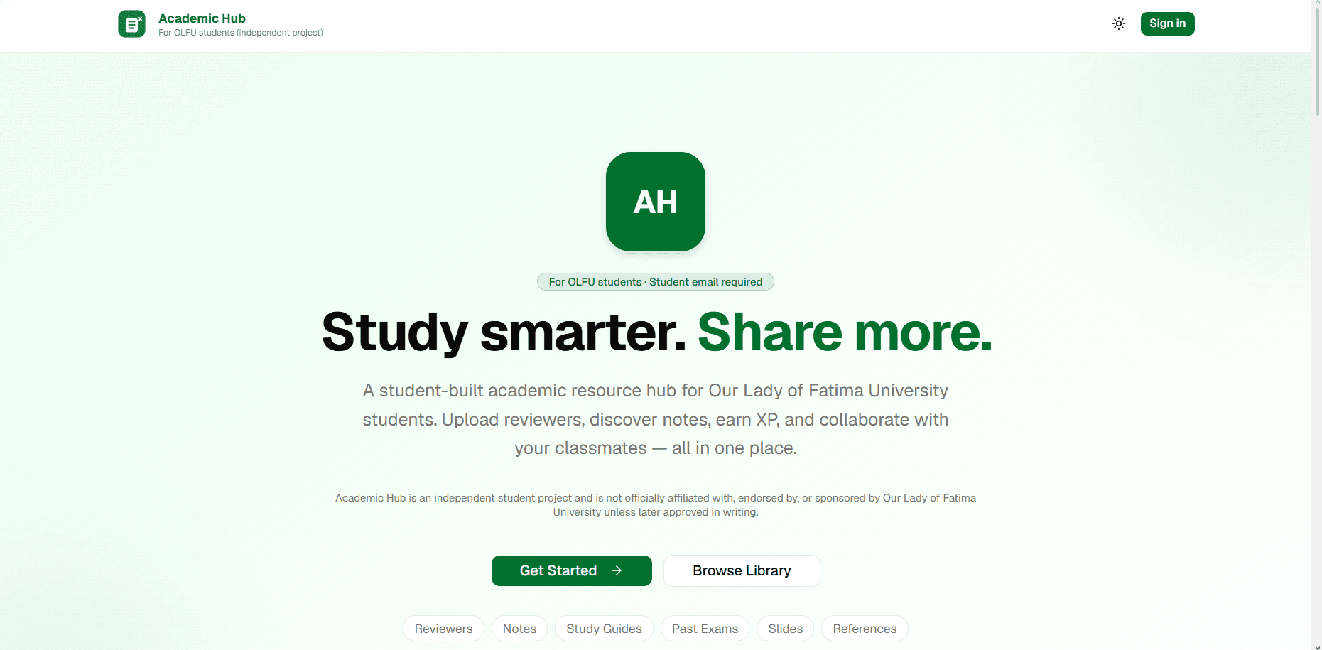 OLFU Academic Hub dashboard showing student progress, upload statistics, badges, and resource activity