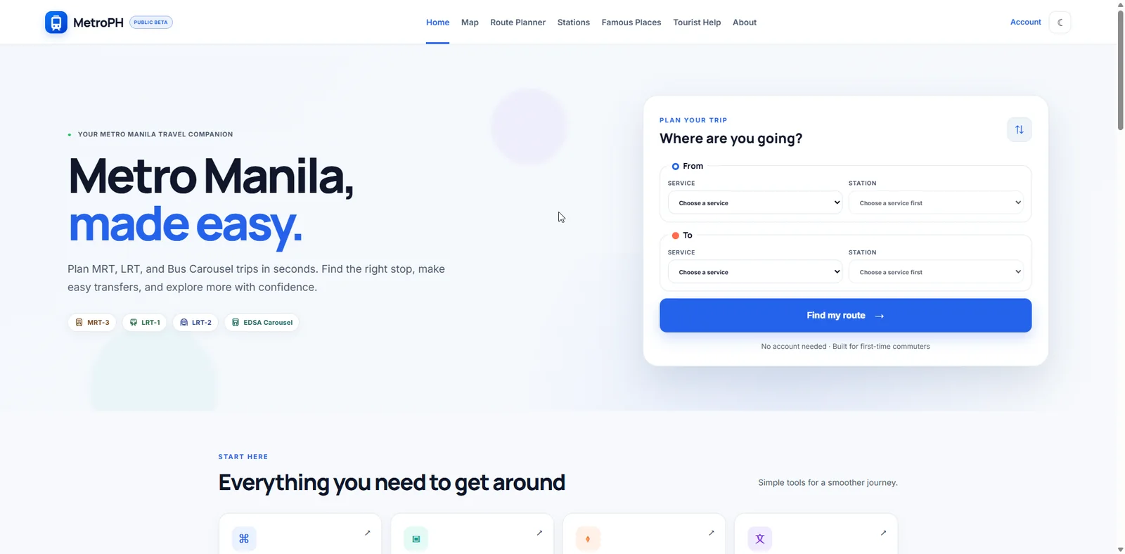 MetroPH commuter navigation website with Metro Manila route planning tools