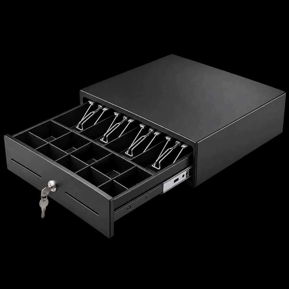 Illustrative render of the open black cash drawer with bill and coin compartments.