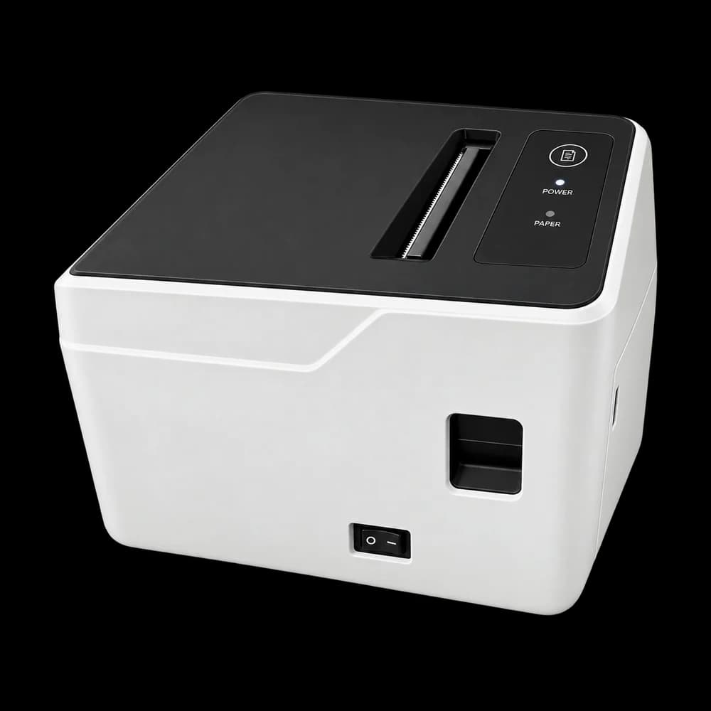 Illustrative render of the compact white-and-black receipt printer.