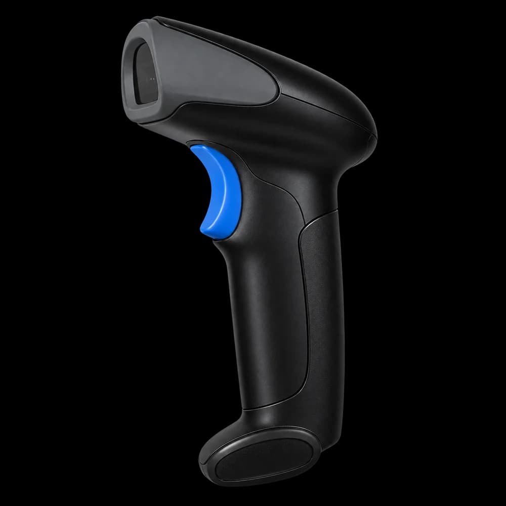 Illustrative render of the black handheld barcode scanner with blue trigger.